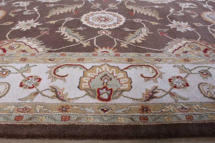 RUG256 10' x 14' Traditional Indian Cocoa Brown and Dark Ivory Hand-tufted Wool Rug