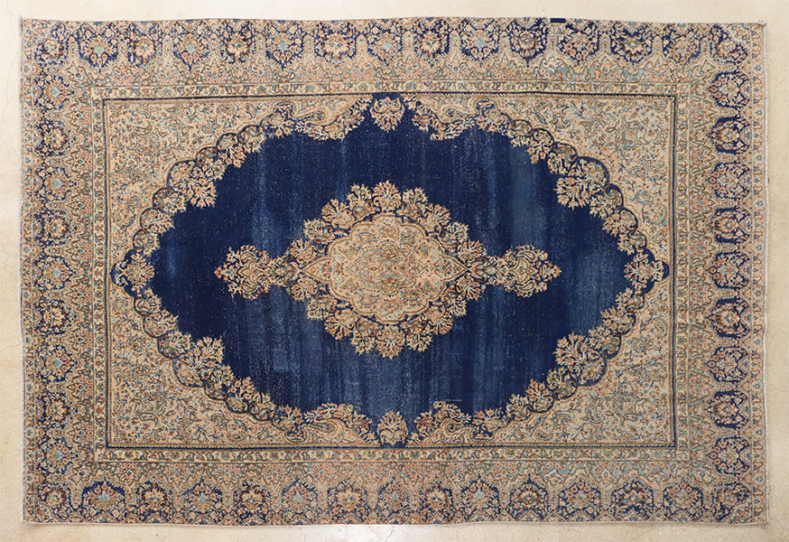 12' x 9' Hand Knotted Vintage Persian Kirman Blue Wool Area Rug