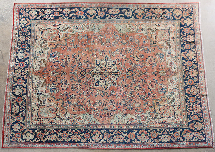 RUG299 9' x 12' Salmon and Blue Mahallat Persian Rug Circa 1945