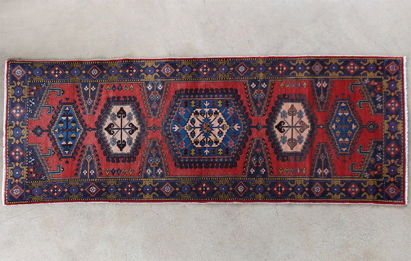 RUG312 3'8 x 10'2 Red and Blue Azerbaijani Persian Runner Circa 1965
