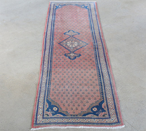 RUG314 2'5 x 8'2 Salmon and Blue Hamadan Persian Runner