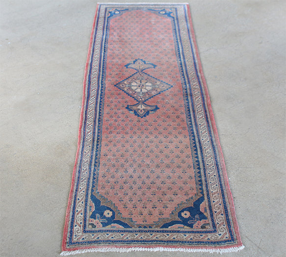 RUG314 2'5 x 8'2 Salmon and Blue Hamadan Persian Runner