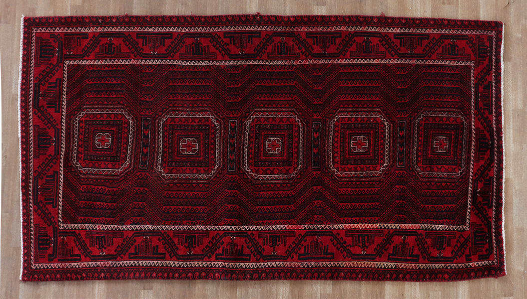 3' X 6' Red Square Pattern Persian Rug