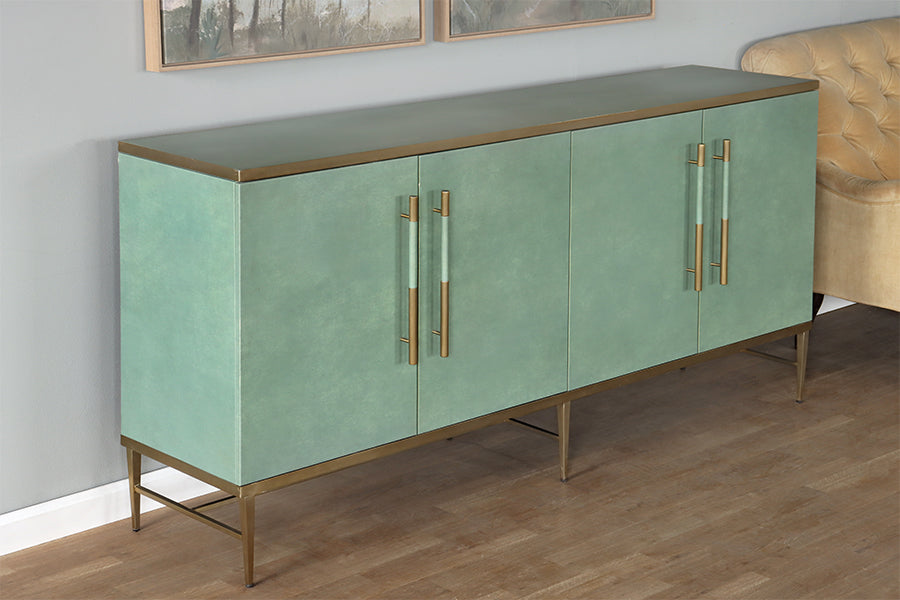 Wrapped Green Leather & Brass Sideboard