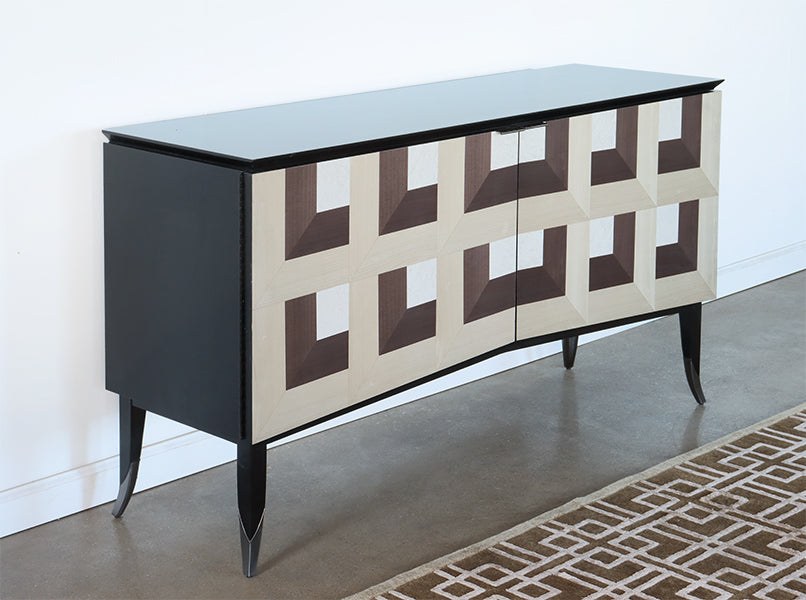 Black Sideboard w/ Square Inlay Pattern Doors