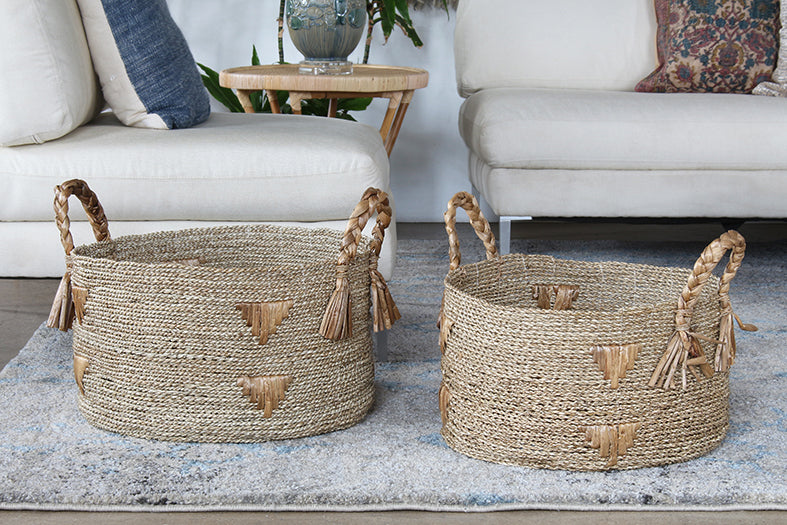 SBASK10 - Set Of 2 Seagrass Woven Nesting Baskets With Handles