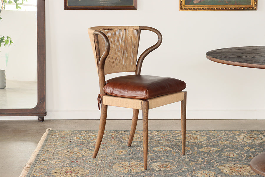 Rush and Oak Side Chair with Mahogany Leather Seat