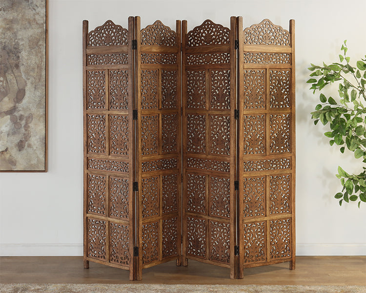 Four Panel Moroccan Style Wood Carved Screen