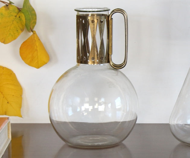 SDECA02 Set of 3 Mid-Century Pyrex Glass and Brass Decanters, Vintage 1950's