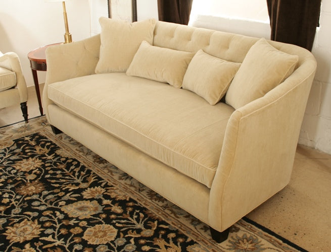 Curved Blond Velvet Sofa with Tufted Back and Toss Pillows