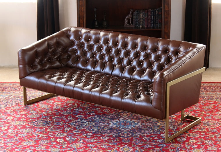 SF173 Tufted Leather Apartment Sofa with Antiqued Brass Frame