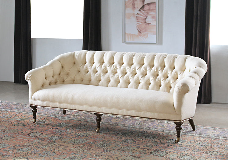 Tufted Sofa in Linato Cream with Brass Nailhead Trim