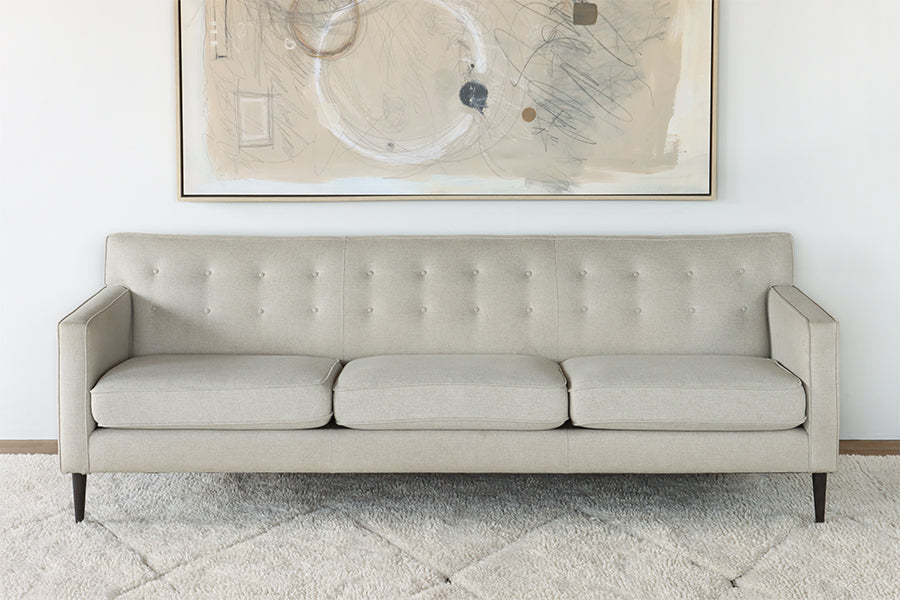 Modern Tufted 3-Seat Sofa In Ivory Linen