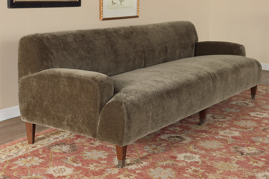 Olive Chenille Tight Back Sofa with Brass Casters