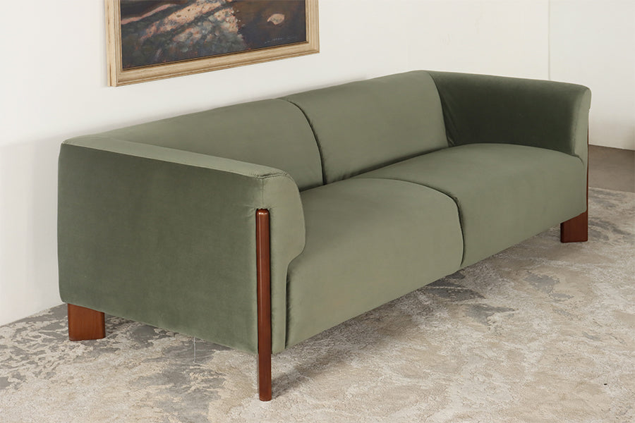 Olive Upholstered Sofa w/ Exposed Walnut Legs