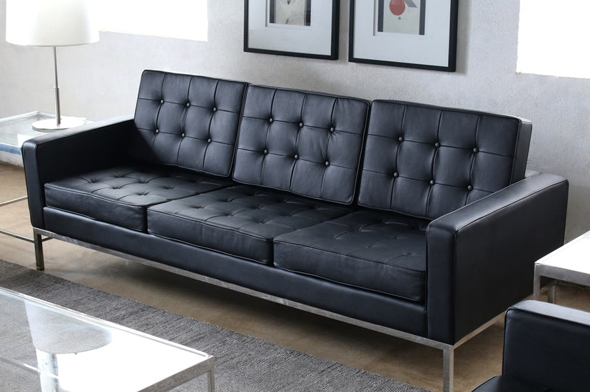 SF98 Black Leather Buton Tufted Knoll Style Sofa
