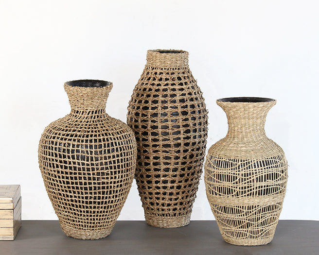 SVS107 - Set Of 3 Black Vases WWoven Seagrass