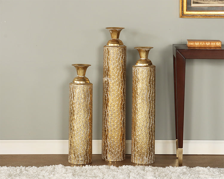 Set of 3 Gold w/ Textured Vine Vases