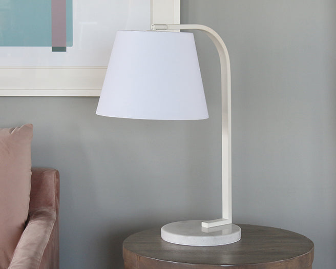 Matte White Table Lamp W/ Marble Disc Base