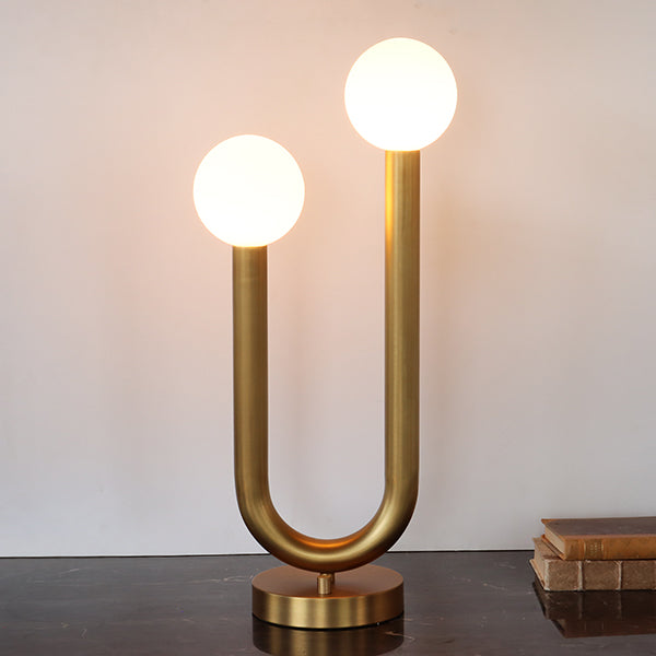 Two-Armed Tubular Brass Table Lamp w/Round Base