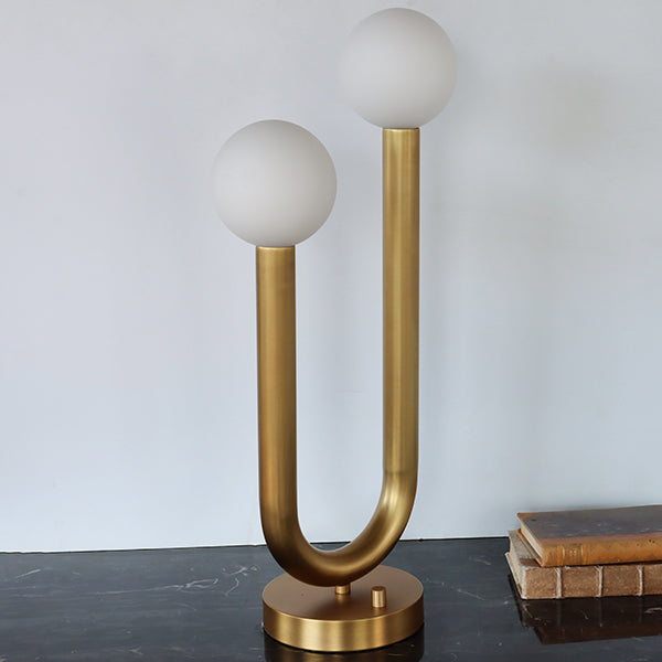 Two-Armed Tubular Brass Table Lamp w/Round Base