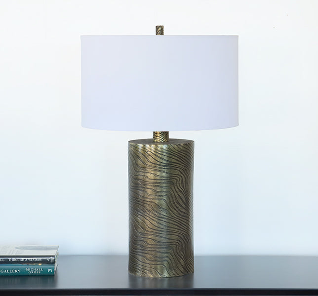 Large Brass Cylinder Table Lamp with Wave Pattern