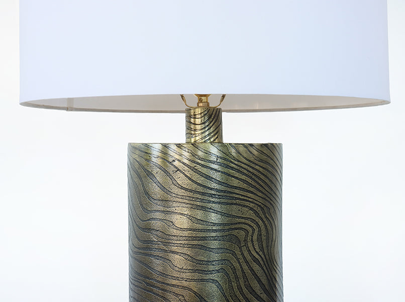 Large Brass Cylinder Table Lamp with Wave Pattern