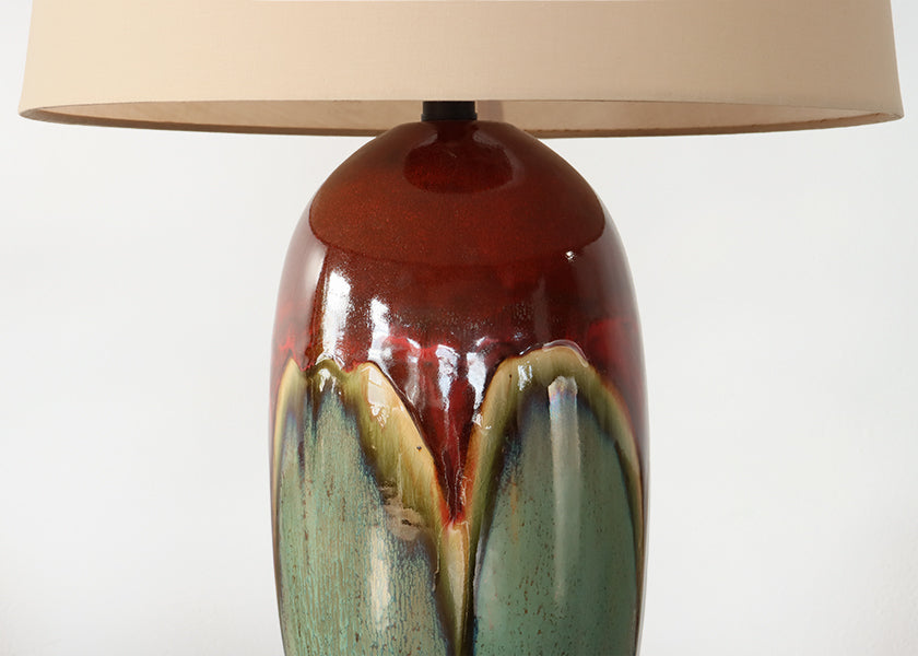 Maroon and Sage Green Glazed Porcelain Lamp
