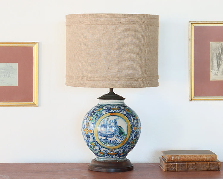 Antique Delft Ceramic Lamp with Bird and Fountain