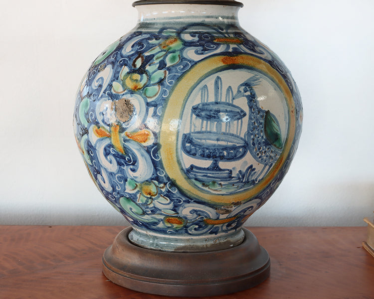 Antique Delft Ceramic Lamp with Bird and Fountain