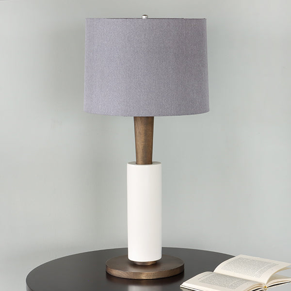 White Cylinder Table Lamp w/ Wood Neck