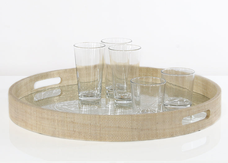 Woven Grass Tray W/Marigold Engraved Mirrored Base