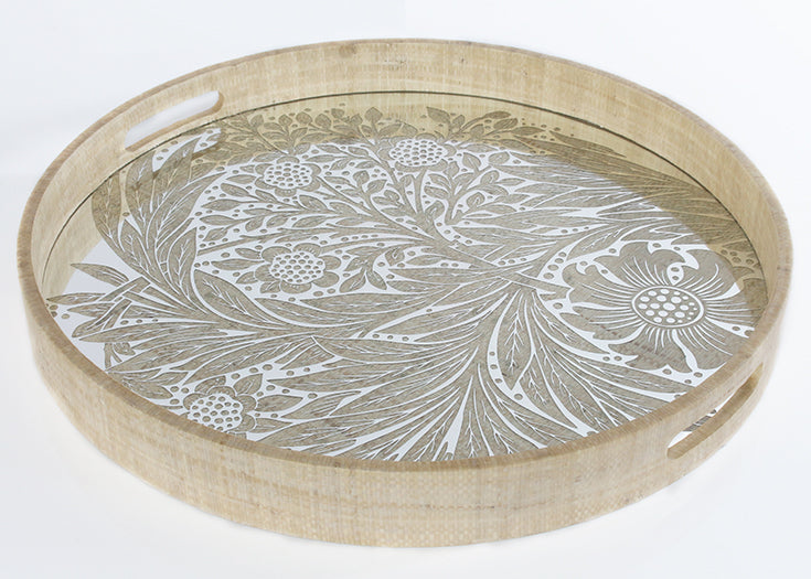 Woven Grass Tray W/Marigold Engraved Mirrored Base