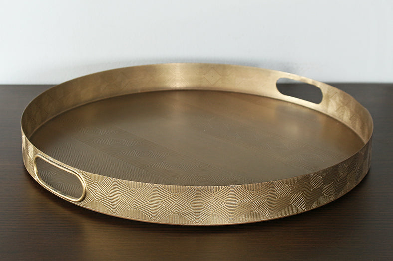 Etched Brass Round Tray With Geometric Pattern