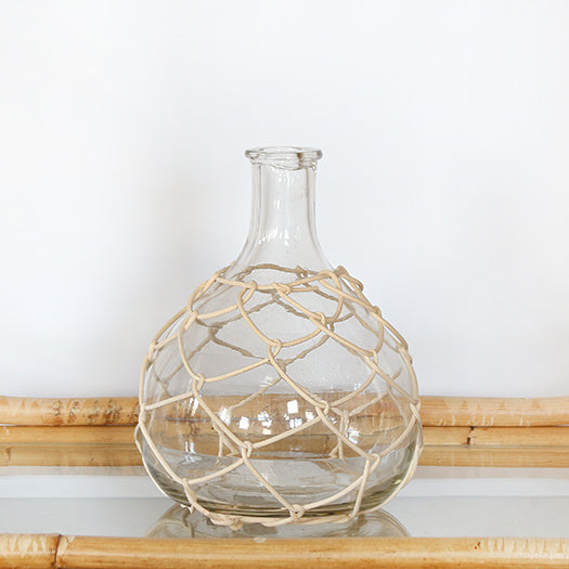 VASE282 - Small Glass Bottleneck Vase With Woven Bamboo