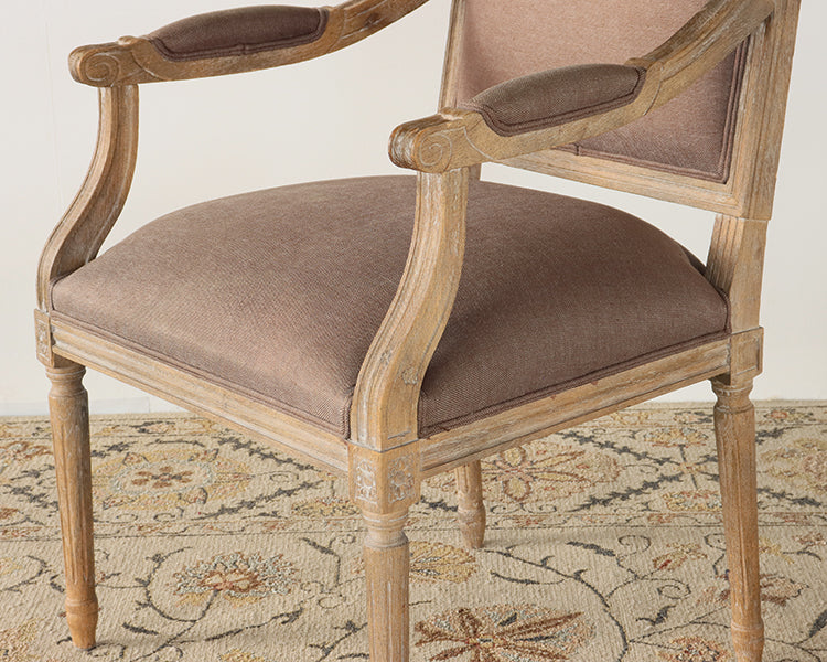 Limed Gray Louis Arm Chair with Aubergine Linen Upholstery
