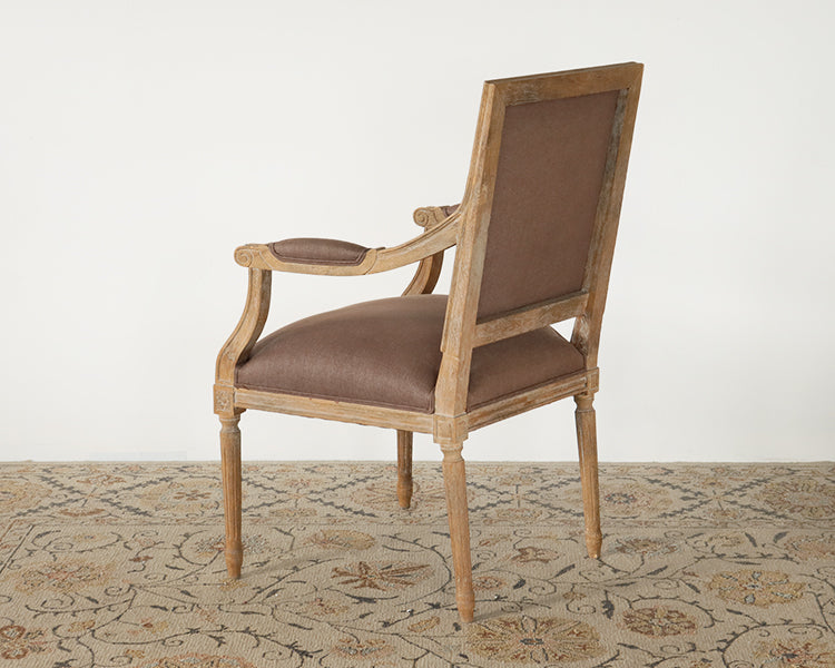 Limed Gray Louis Arm Chair with Aubergine Linen Upholstery