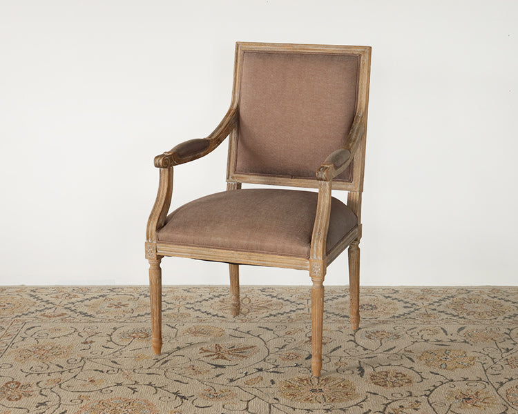 Limed Gray Louis Arm Chair with Aubergine Linen Upholstery