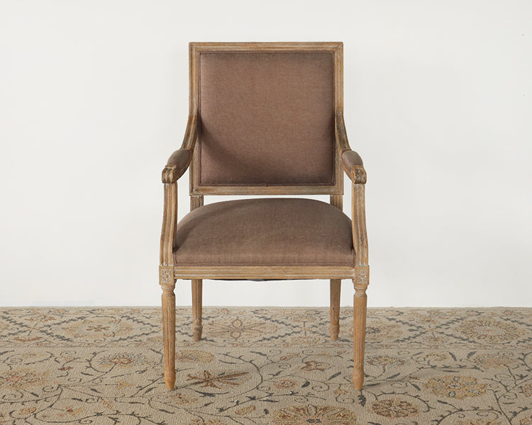Limed Gray Louis Arm Chair with Aubergine Linen Upholstery