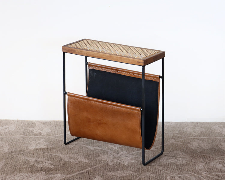 Cane and Leather Magazine Rack and Table