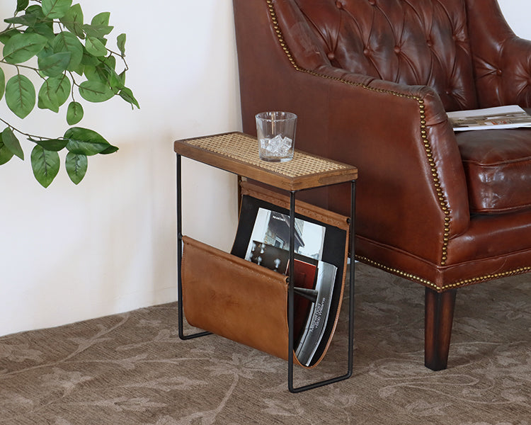 Cane and Leather Magazine Rack and Table
