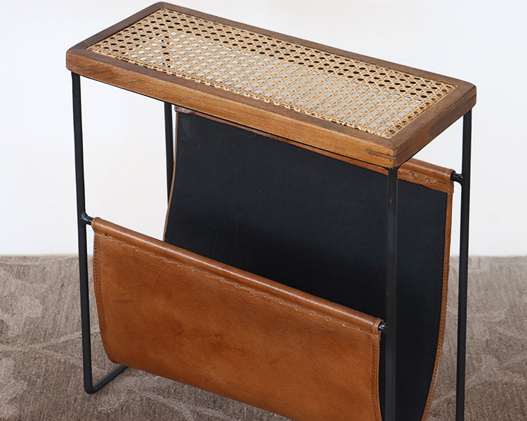 Cane and Leather Magazine Rack and Table