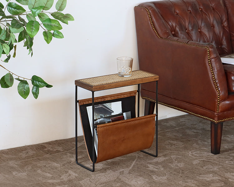 Cane and Leather Magazine Rack and Table
