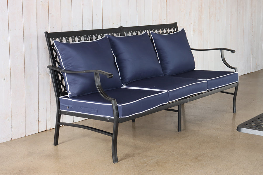 Black Outdoor Bench w/ Blue Cushions