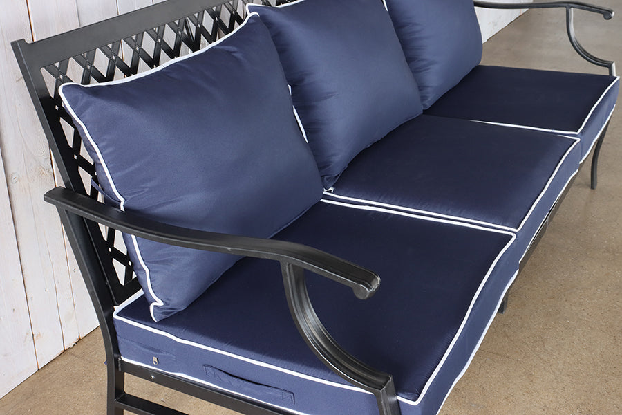Black Outdoor Bench w/ Blue Cushions