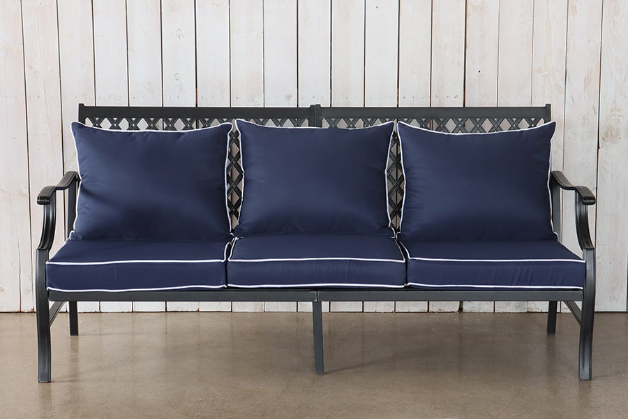 Black Outdoor Bench w/ Blue Cushions