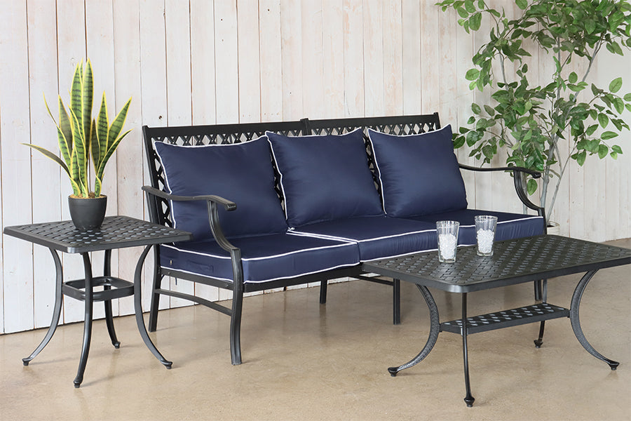 Black Outdoor Bench w/ Blue Cushions