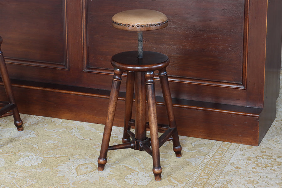 Antique Pub Style Bar Stool With Leather Seat