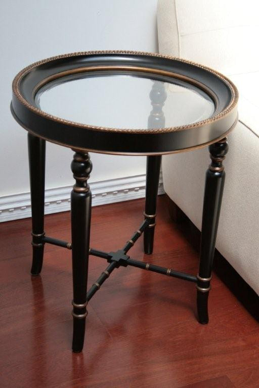 Black Lacquer and Gold Gilt Round End Table with Glass Top 7