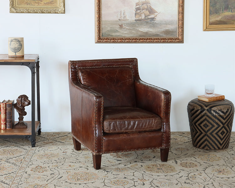 Cigar Leather Club Chair with Nailhead Trim